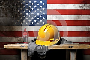 Hardhat and construction tools on a grunge USA flag background