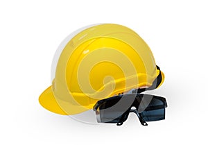 Hardhat with eye protection or goggles isolated