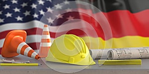 Hardhat and safety equipment on United states of America and german flag background, 3d illustration