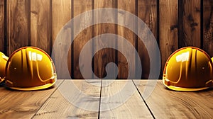 Hardhats on a wooden table. Copy space background.