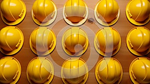 Hardhats on a wooden table. Top view background.