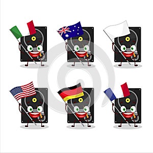 Hardisk cartoon character bring the flags of various countries photo