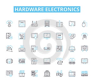 hardware electronics linear icons set. Circuitry, Microcontroller, Capacitor, Transistor, Diode, Resistors