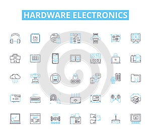 hardware electronics linear icons set. Circuitry, Microcontroller, Capacitor, Transistor, Diode, Resistors