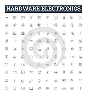 hardware electronics vector line icons set. Hardware, Electronics, Components, Computers, Processors, Motherboards, GPUs