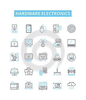 hardware electronics vector line icons set. Hardware, Electronics, Components, Computers, Processors, Motherboards, GPUs