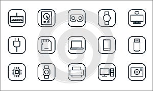 Hardware and gadgets line icons. linear set. quality vector line set such as camera, printer, cpu, desktop computer, smart watch,