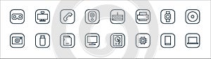 Hardware and gadgets line icons. linear set. quality vector line set such as laptop, cpu, tv monitor, camera, smart watch, photo
