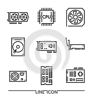 Hardware Icons; PC Upgrading Components thin line vector