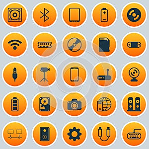 Hardware Icons Set. Collection Of Cellphone, Loudspeakers, Camcorder And Other Elements. Also Includes Symbols Such As
