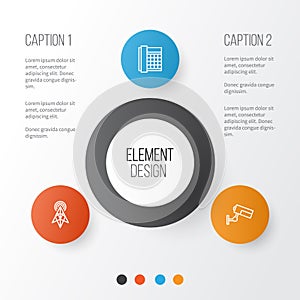 Hardware Icons Set. Collection Of Surveillance, Work Phone, Wireless Router And Other Elements. Also Includes Symbols