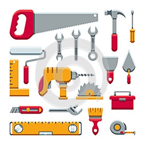 Hardware industrial tools kit flat vector icons