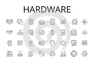 Hardware line icons collection. Tools, Equipment, Devices, Compnts, Instruments, Machinery, Apparatus vector and linear