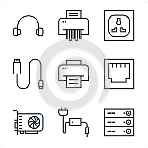 Hardware line icons. linear set. quality vector line set such as server, power cable, vga card, ethernet, printer, usb connector,