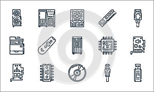 hardware line icons. linear set. quality vector line set such as thumb drive, cd, network interface card, network cable, rom,