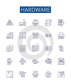 Hardware line icons signs set. Design collection of Hardware, Components, Devices, CPUs, Motherboards, RAM, GPU, BIOS