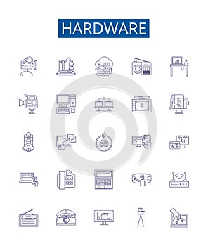 Hardware line icons signs set. Design collection of Hardware, Components, Devices, CPUs, Motherboards, RAM, GPU, BIOS