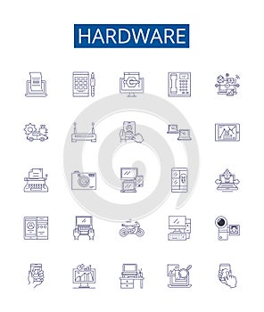 Hardware line icons signs set. Design collection of Hardware, Components, Devices, CPUs, Motherboards, RAM, GPU, BIOS