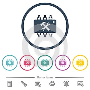 Hardware maintenance flat color icons in round outlines