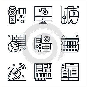 hardware network line icons. linear set. quality vector line set such as smartphone, circuit board, mouse, ram memory, action