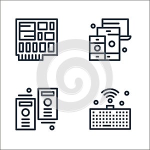 hardware network line icons. linear set. quality vector line set such as wireless keyboard, cpu tower, platform