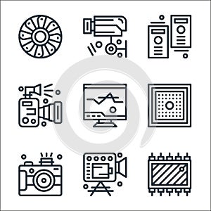 hardware network line icons. linear set. quality vector line set such as chip, videocamera, camera, processor, computer screen,