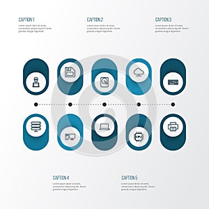 Hardware Outline Icons Set. Collection Of Floppy, Datacenter, Laptop And Other Elements. Also Includes Symbols Such As