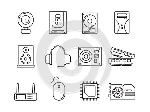 Hardware pc components. Symbols of computer items processor server ssd or hdd memory ram vector line icons