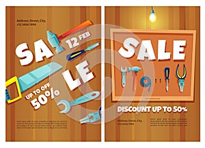 Hardware shop posters with construction tools sale