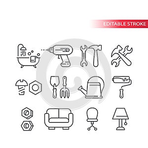 Hardware store, home improvement shop or DIY thin line icon set.