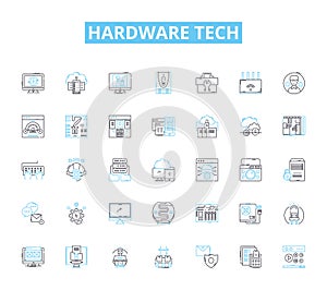 hardware tech linear icons set. Processor, Motherboard, Graphics, Display, Storage, Memory, Keyboard line vector and