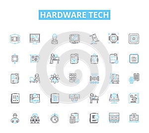 hardware tech linear icons set. Processor, Motherboard, Graphics, Display, Storage, Memory, Keyboard line vector and