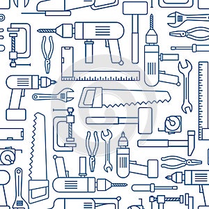Hardware tool set linear seamless pattern. Vector carpenter of working tools