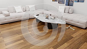 Hardwood floor made of natural wood newly installed interior of the living room.