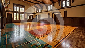 Hardwood parquet flooring in modern gymnasium generated by AI