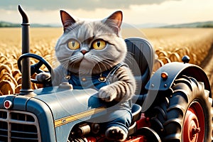 hardworking cat driving a tractor in the field, tractor driver