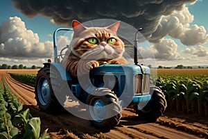 hardworking cat driving a tractor in the field, tractor driver