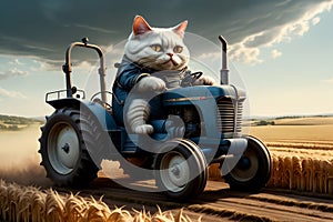 hardworking cat driving a tractor in the field, tractor driver