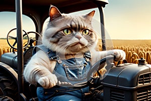 hardworking cat driving a tractor in the field, tractor driver