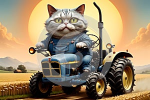 hardworking cat driving a tractor in the field, tractor driver