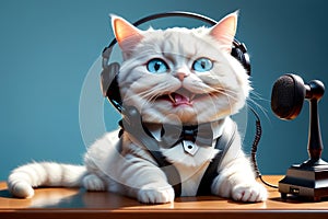 hardworking cat works in a call center with a headset