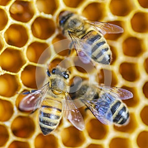 Hardworking honey bees on honeycomb in apiary