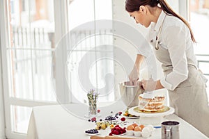 Hardworking housewife filling the confectionary bag for decoration