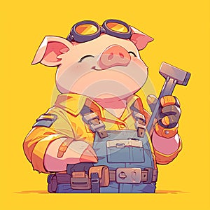 A hardworking pig sanitation worker cartoon style