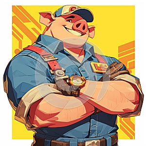 A hardworking pig sanitation worker cartoon style