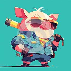 A hardworking pig sanitation worker cartoon style