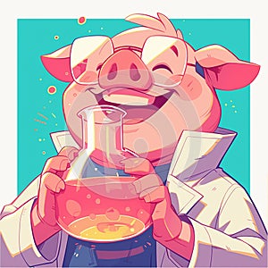 A hardworking pig scientist cartoon style