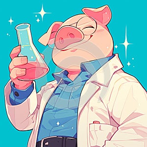 A hardworking pig scientist cartoon style