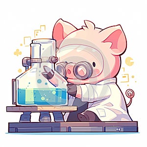 A hardworking pig scientist cartoon style