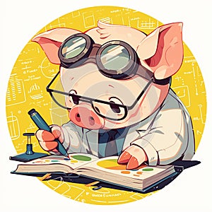 A hardworking pig scientist cartoon style